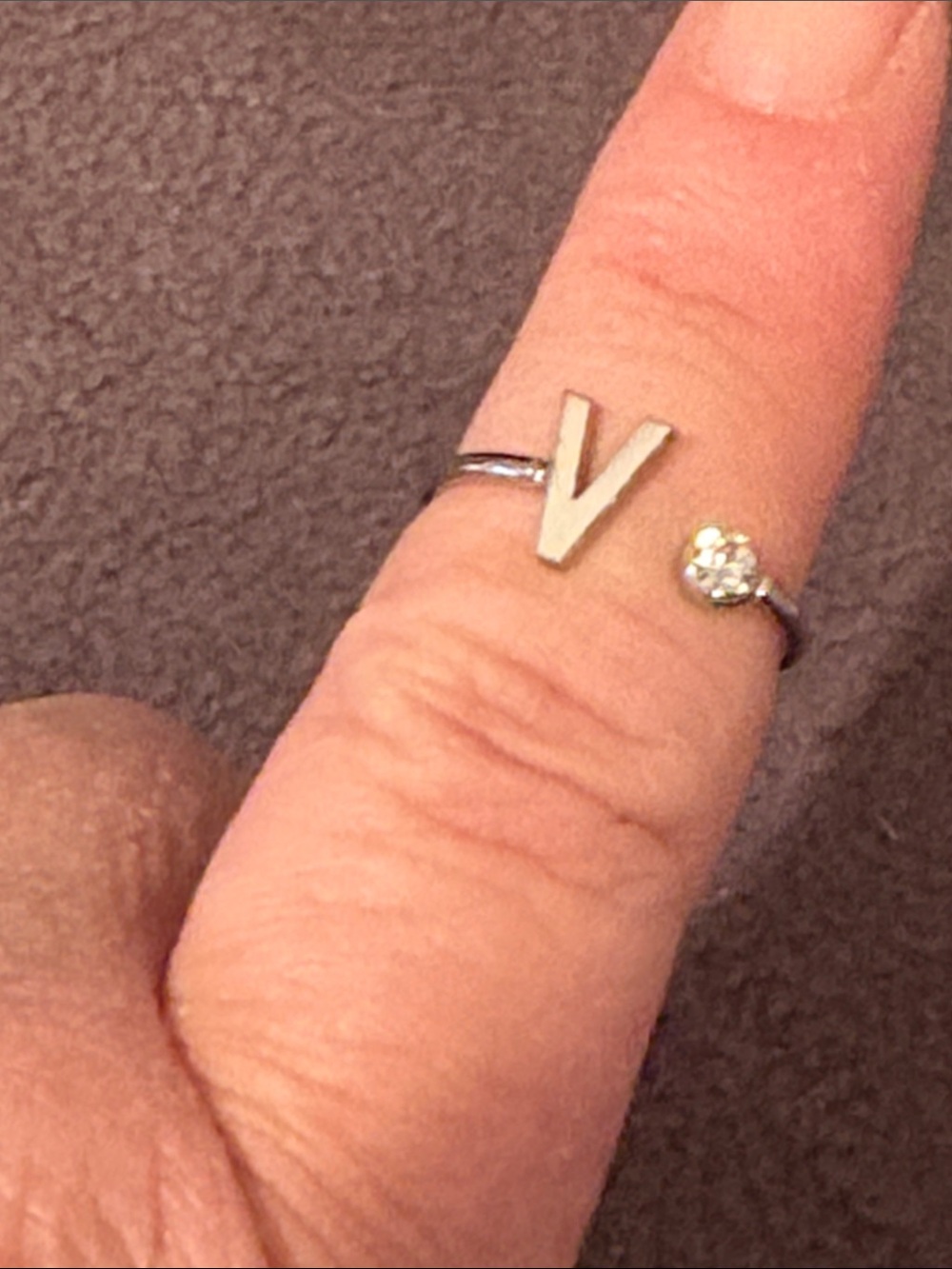 Initial V Open Band Ring in Silver with Clear Stone